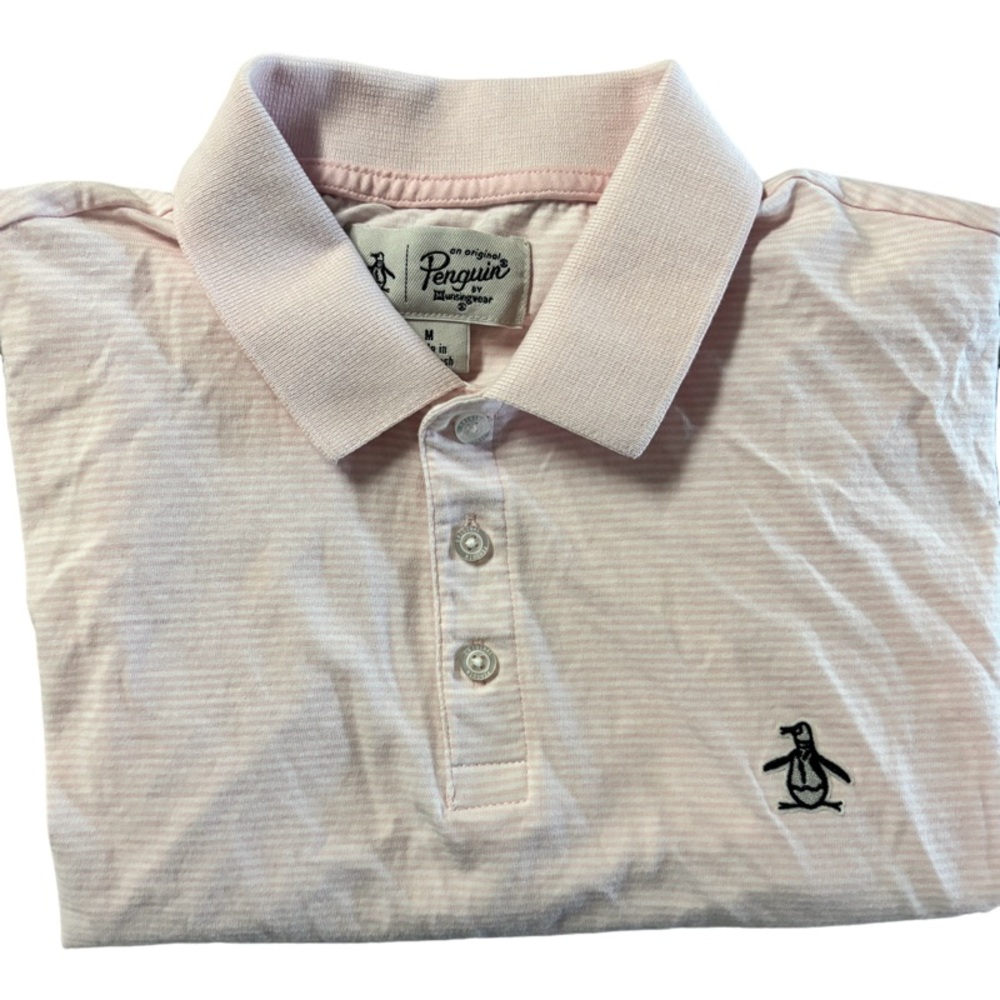 Original Penguin Mens Polo Shirt Pink White Stripes Size M 100% Cotton
